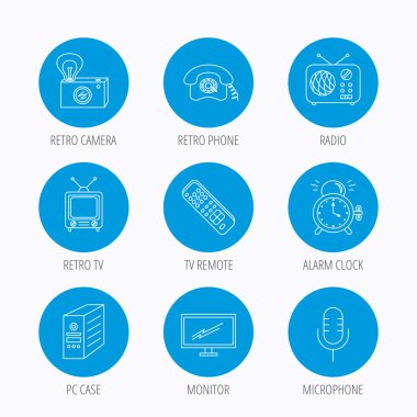 Retro kamera, radyo ve telefon simgeleri.