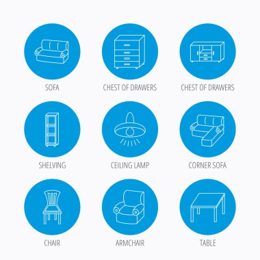 Köşe kanepe, masa ve koltuk simgeler.