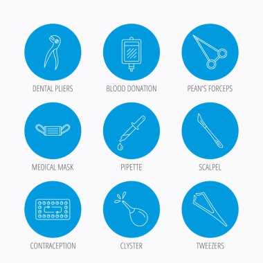 Tıbbi maske, kan ve diş pense simgeler.