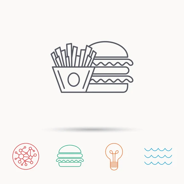 Icono de hamburguesa y patatas fritas. Chips, signo de bocadillo . — Vector de stock