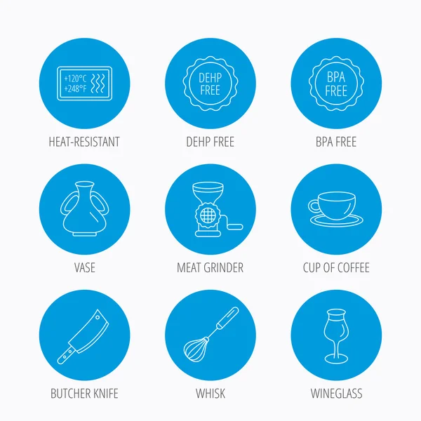 Kahve fincanı, kasap bıçağı ve bardağı simgeler.