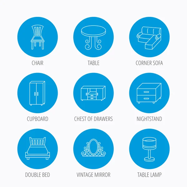 Köşe kanepe, masa ve dolap simgeler.