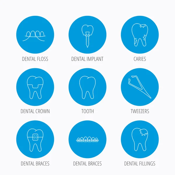 Dental implant, floss and tooth icons. Braces. — Stock Vector