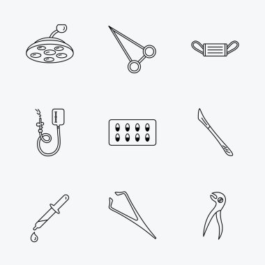 Tıbbi maske, kapsül ve diş pense simgeler.