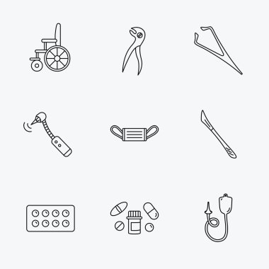 Tıbbi maske, hap ve diş pense simgeler.