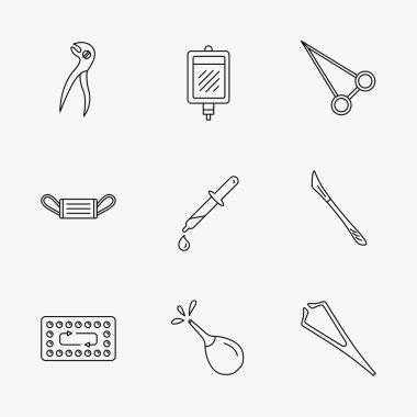 Tıbbi maske, kan ve diş pense simgeler.