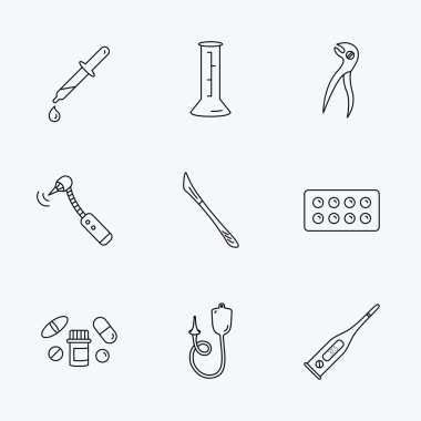 Termometre, hap ve diş pense simgeler.