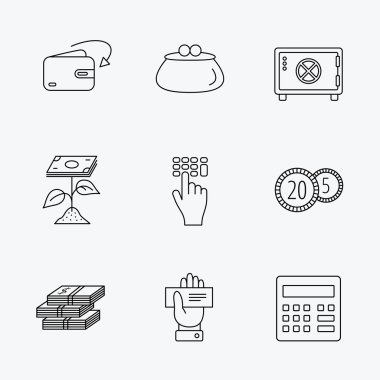 Nakit para, güvenlik kasaları ve hesap makinesi simgeler.