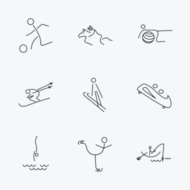 Pilates, futbol ve Kayak simgeler. Balık tutma.