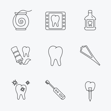 Diş ipi, diş ve simgeler implant. Gargara.