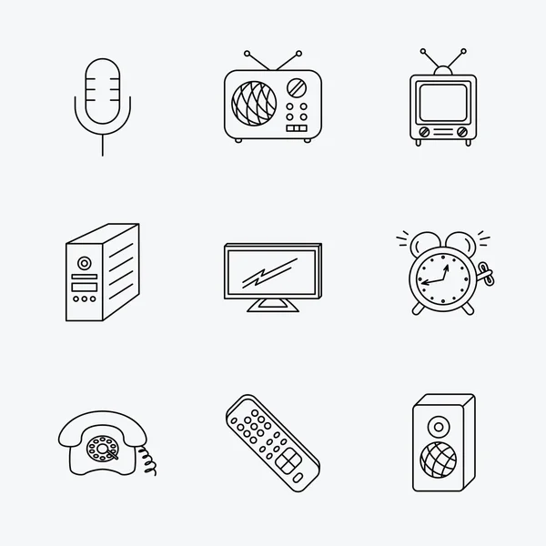 Télécommande TV, téléphone rétro et icônes radio . — Image vectorielle