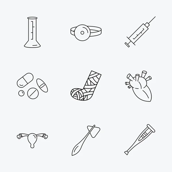 Jeringa, vaso de precipitados y pastillas iconos. Signos médicos . — Vector de stock