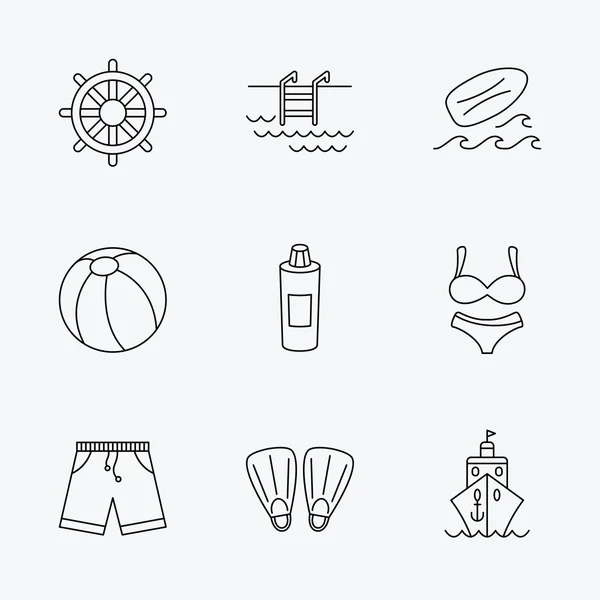 Surfboard, swimming pool and trunks icons. — Stock Vector
