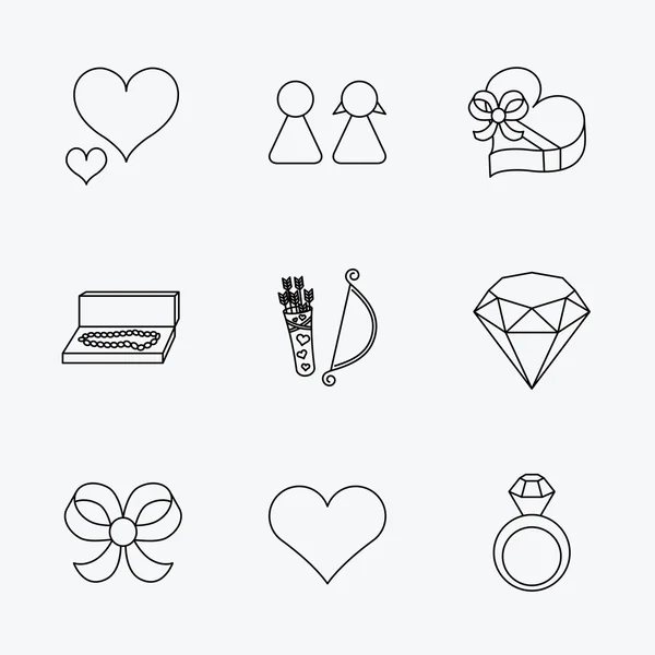 Corazón de amor, iconos brillantes y anillo de compromiso . — Archivo Imágenes Vectoriales