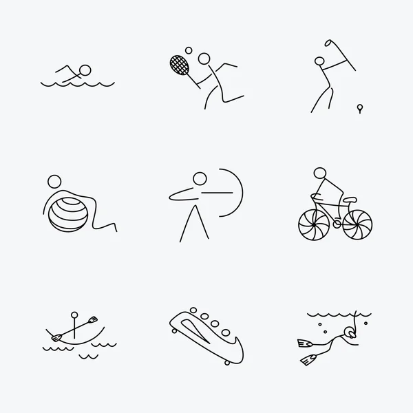 수영, 테니스, 골프 아이콘입니다. 자전거 타기, 스쿠버 다이빙. — 스톡 벡터