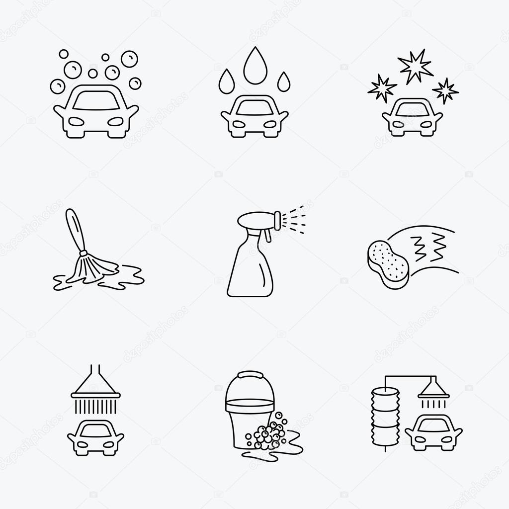 Car wash icons. Cleaning station linear signs.