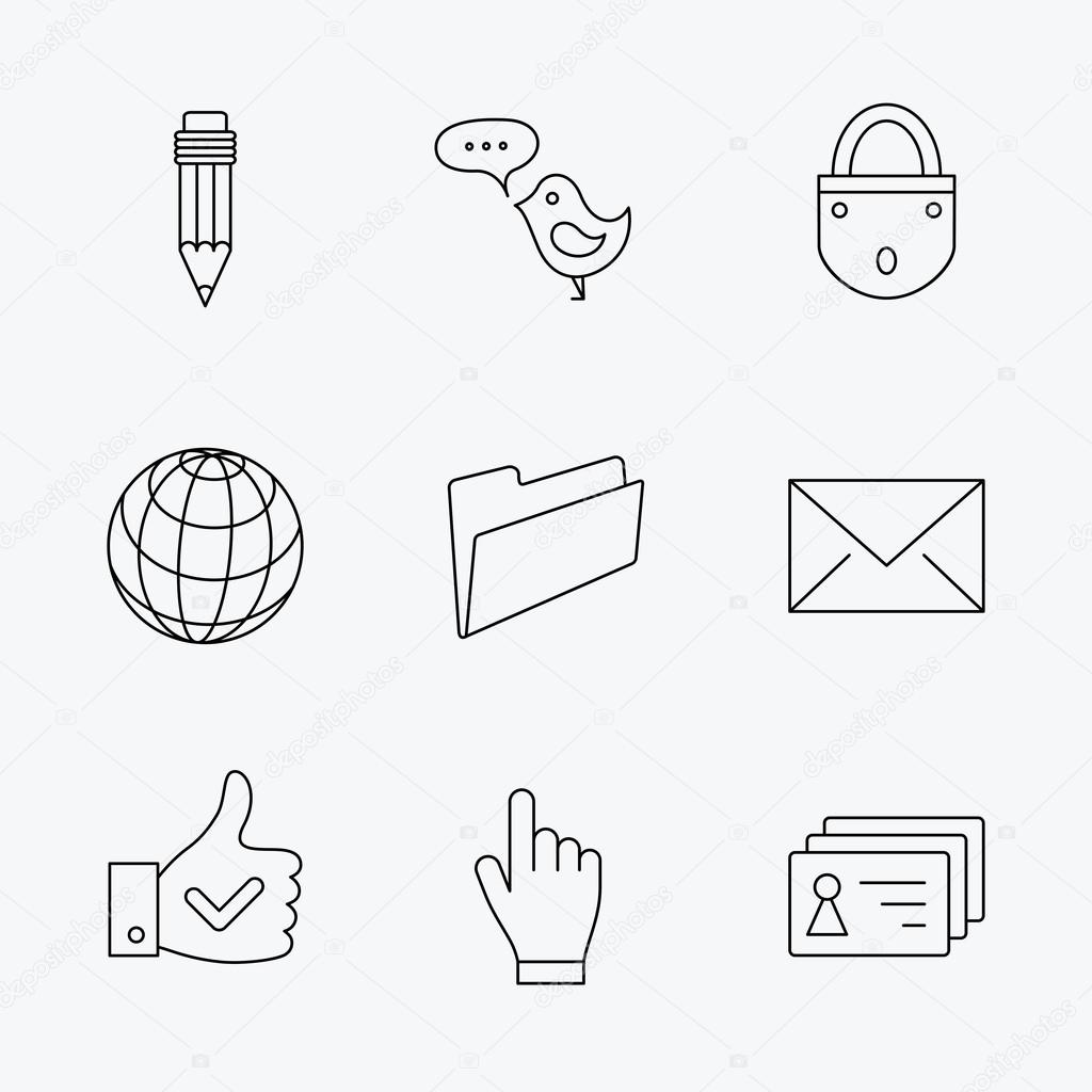 Pencil, press hand and world globe icons.