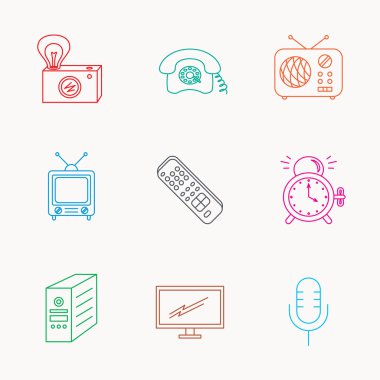 Retro kamera, radyo ve telefon simgeleri.