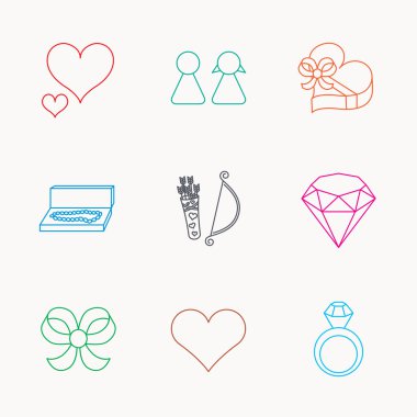 Kalp, parlak ve nişan yüzüğü simgeleri seviyorum.