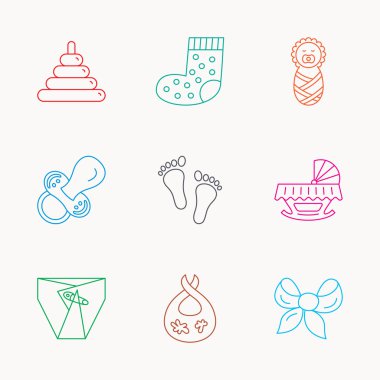 Emzik, çocuk bezi ve yenidoğan simgeler. Ayak izi.