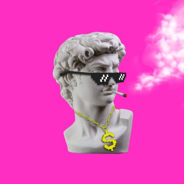 Heykel. Kulaklık. İzole edilmiş. David 'in kafasının alçıtaşı heykeli. Vay be. Yaratıcı. Piksel gözlüklü David 'in kafasının alçı heykeli. Asgari konsept sanat.