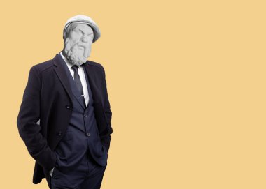 Modern sanat kolajı. Paltolu bir moda adamı. Sokrates 'in Alçı taşı başkanı.