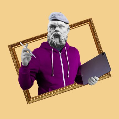 Modern sanat kolajı. Tablet ve kalem tutan konsept portreci. Sokrates 'in Alçı taşı başkanı.