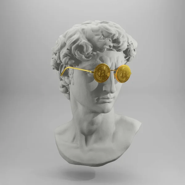 Yaratıcı. Bitcoinglasses 'de David' in başının alçı heykeli. Minimum konsept sanat. 3d hazırlayıcı.