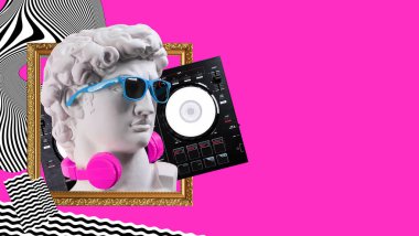 David 'in kulaklığı ve güneş gözlüğü kozmik bir arkaplanda. Sanat kolajı kavramı. Poster tasarımı.