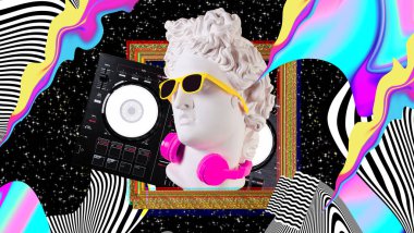 Apollo 'nun kulaklıkları ve güneş gözlükleriyle kozmik bir arka planı var. Sanat kolajı kavramı. Poster tasarımı.