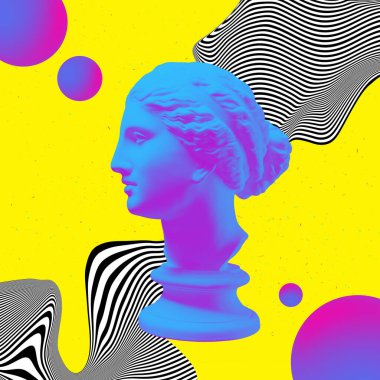 Afrodit 'in alçıtaşı heykeli sarı soyut arka planda. Moda kadını.. 