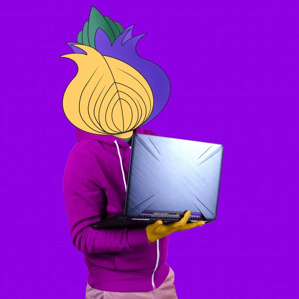 Concept art collage. Onion man with pc display on purple background.