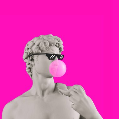 David 'in kafasının alçıtaşı heykeli. Vay be. Yaratıcı. Piksel gözlüklü David 'in kafasının alçı heykeli. Minimum konsept sanat. 3d illüstrasyon.