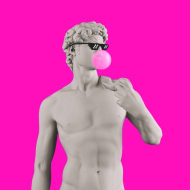 David 'in kafasının alçıtaşı heykeli. Vay be. Yaratıcı. Piksel gözlüklü David 'in kafasının alçı heykeli. Minimum konsept sanat. 3d illüstrasyon.