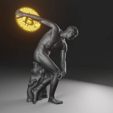 Discobolus Going To Throw Bitcoin. 3D Illustration. clipart