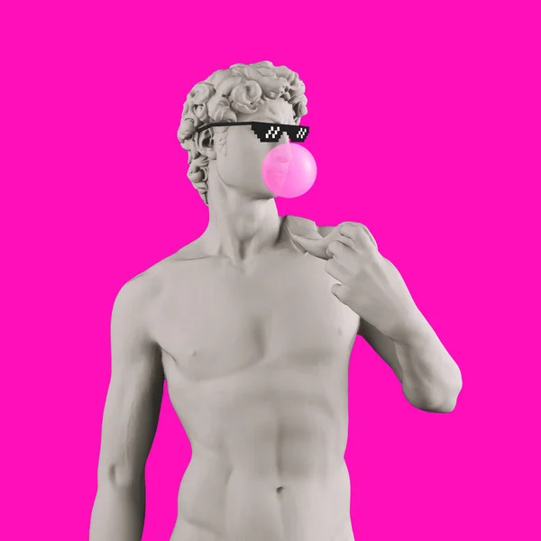 Gypsum statue of David\'s head. Man. Creative. Plaster statue of David\'s head in pixel glasses. Minimal concept art. 3d illustration.