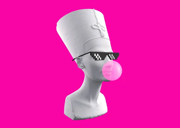 Piksel gözlüklü 3D heykel Nefertiti 'nin pembe sakız baloncuğu şişirmesinden komik bir çizim. Pembe arka planda izole edilmiş.