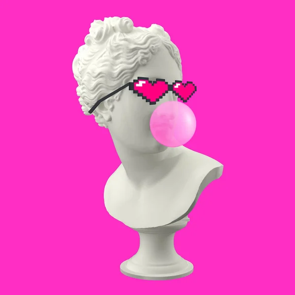 Piksel gözlüklü, 3 boyutlu Venüs heykelinin pembe bir sakız baloncuğu şişirmesinden komik bir çizim. Pembe arka planda izole edilmiş.