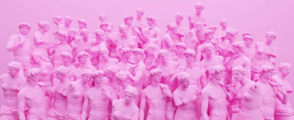 Komik bir çizim. David ve Venüs 'ün pembe arka plandaki 3 boyutlu heykeli. Sanat kolajı kavramı.