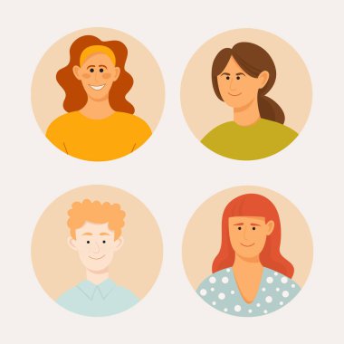 Farklı insanların yüzleri olan ikonlar. Farklı saç şekilleri, saç rengi, ten rengi, kıyafet tarzı. Erkekler ve kadınlar. İzole vektör nesneleri. 