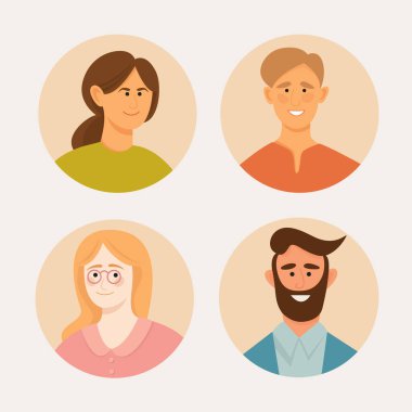 Farklı insanların yüzleri olan ikonlar. Farklı saç şekilleri, saç rengi, ten rengi, kıyafet tarzı. Erkekler ve kadınlar. İzole vektör nesneleri. 