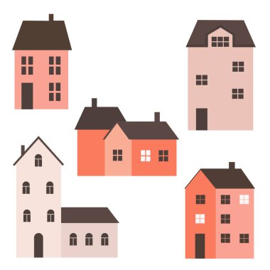 İzole edilmiş şirin Avrupa tarzı evler, küçük binalar ve ağaçlar. Pencereleri ve bacaları olan şık şehir evleri. Renkli düz vektör çizimi. 