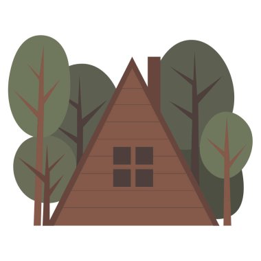 Güzel bir ev, İskandinav tarzında küçük bir bina. Ormandaki şık ahşap konut. Doğayla çevrili bir hayat. Renkli düz vektör çizimi.