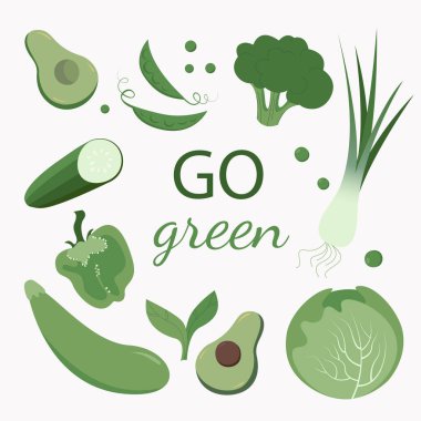 Beyaz arka planda yeşil sebzelerin vektör görüntüsü: kabak, marul, lahana, brokoli, bezelye. Yazı yeşile dönüyor. Poster ya da kapak. Çizgi film düz çizimi.