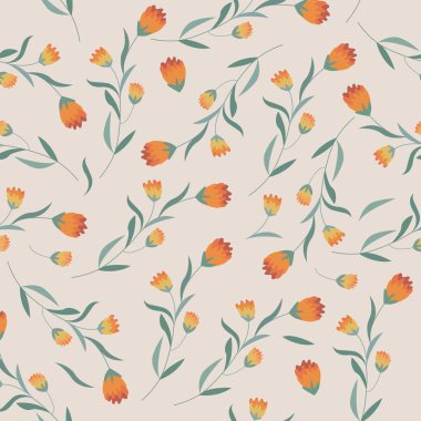 Kırmızılı kır çiçekleri ve ormanın görüntüsü olan botanik desensiz desen. Kumaş ya da kağıda yazdırmak için uygun.