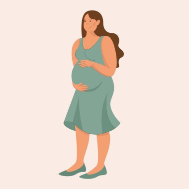 Elleriyle karnını nazikçe tutan hamile bir kadının görüntüsü. Noel Bebek Partisi 'ne davetiye. Çizgilerden ve basit dolgulardan elde çizim. Düz biçim. 