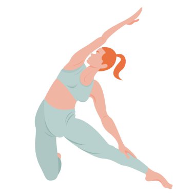 Dinamik yoga pozu veren bir kadının görüntüsü. Evde yoga egzersizi. Asana 'nın doğru performansı. Beyaz arka planda tek başına bir kadın figürü..