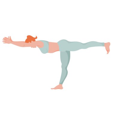 Dinamik yoga pozu veren bir kadının görüntüsü. Evde yoga egzersizi. Asana 'nın doğru performansı. Beyaz arka planda tek başına bir kadın figürü..