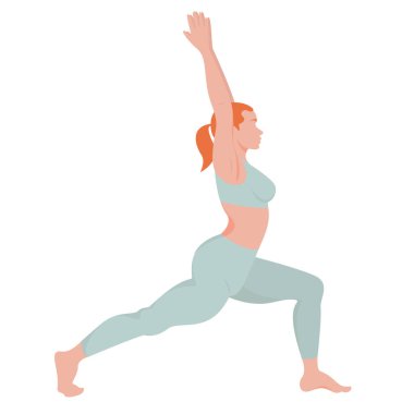 Dinamik yoga pozu veren bir kadının görüntüsü. Evde yoga egzersizi. Asana 'nın doğru performansı. Beyaz arka planda tek başına bir kadın figürü..