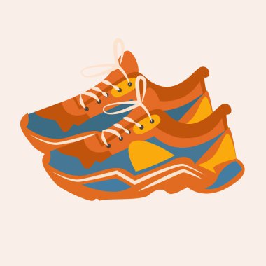 Bir çift spor ayakkabısının vektör görüntüsü. Koşu ya da spor için parlak, şık ayakkabılar. Spor kulübü veya ayakkabı mağazasının simgesi veya logosu